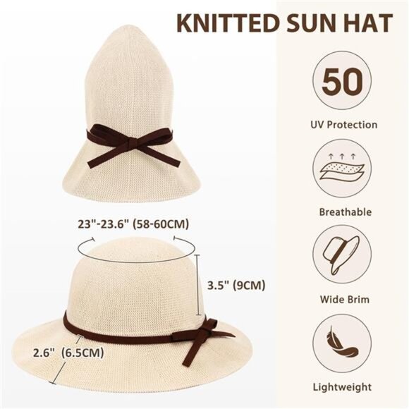 Women\'s Summer Sun Hats Wide Brim Beach Hat UPF 50+, Beige